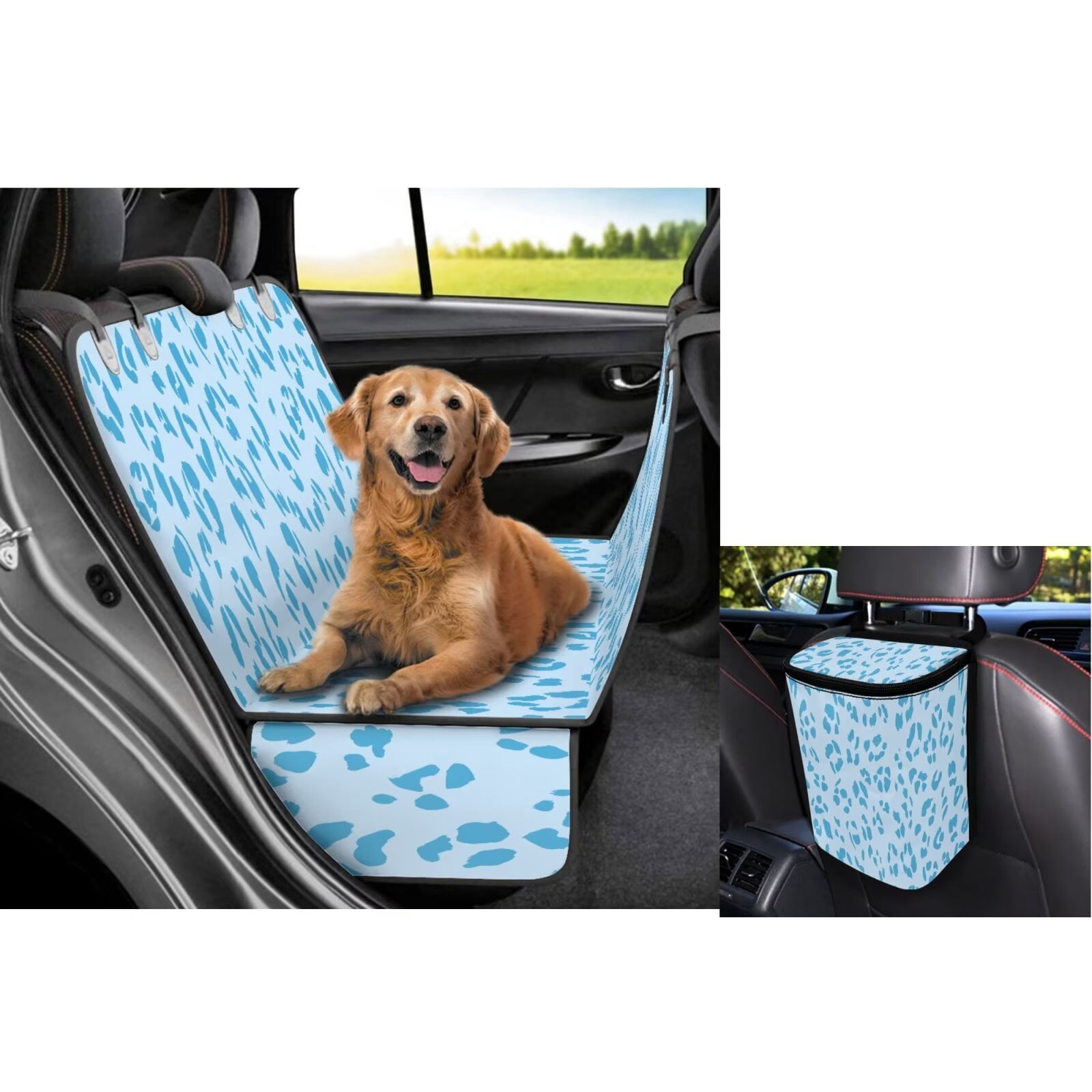 Garronmavis Blue Leopard Print 3 Pcs Car Accessories Set Dog Car Seat Cover for Back Seat Dog Bandanas Car Trash Can Large Capacity Multipurpose Dog Hammock for Car