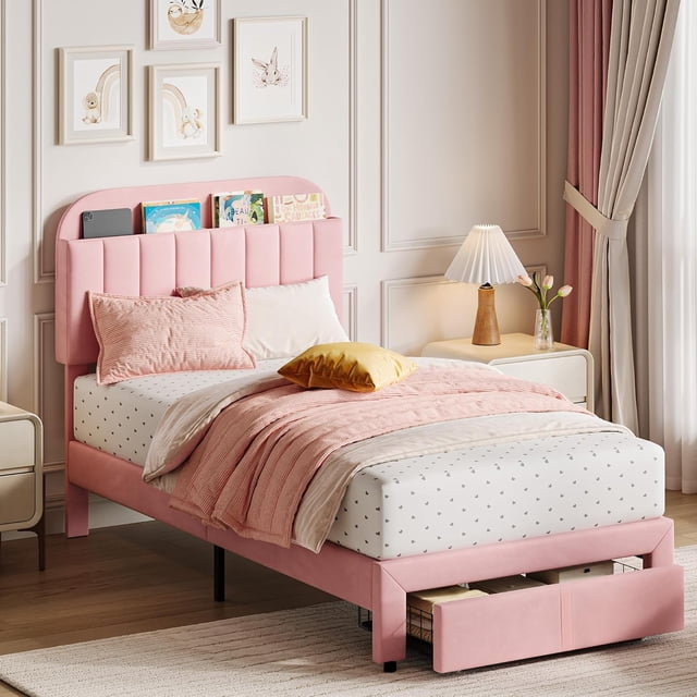 Eastvita Cadre de Lit Simple pour Filles avec Tiroir, Cadre de Lit Plateforme Rembourré en Velours avec Tête de Lit de Rangement Pour/pas de Sommier Requis/assemblage Facile/sans Bruit/rose Pâle