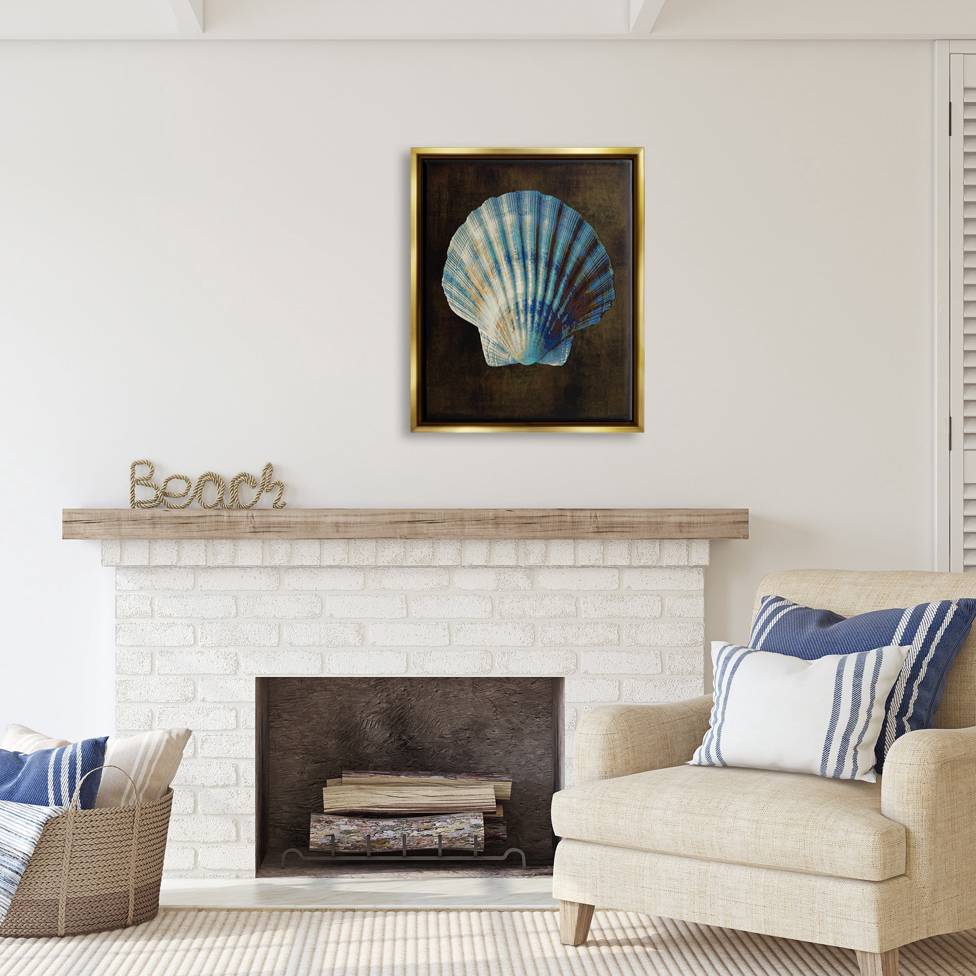 Stupell Industries Dark Clam Shell Nature Painting Gold Floater Framed Canvas Art Print Wall Art, 25 x 31