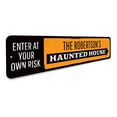 thumbnail image 3 of Haunted House Arrow Sign, Family Name Halloween Sign, Enter at Own Risk Sign, Halloween Aluminum Decor - 4x18 inches, 3 of 4