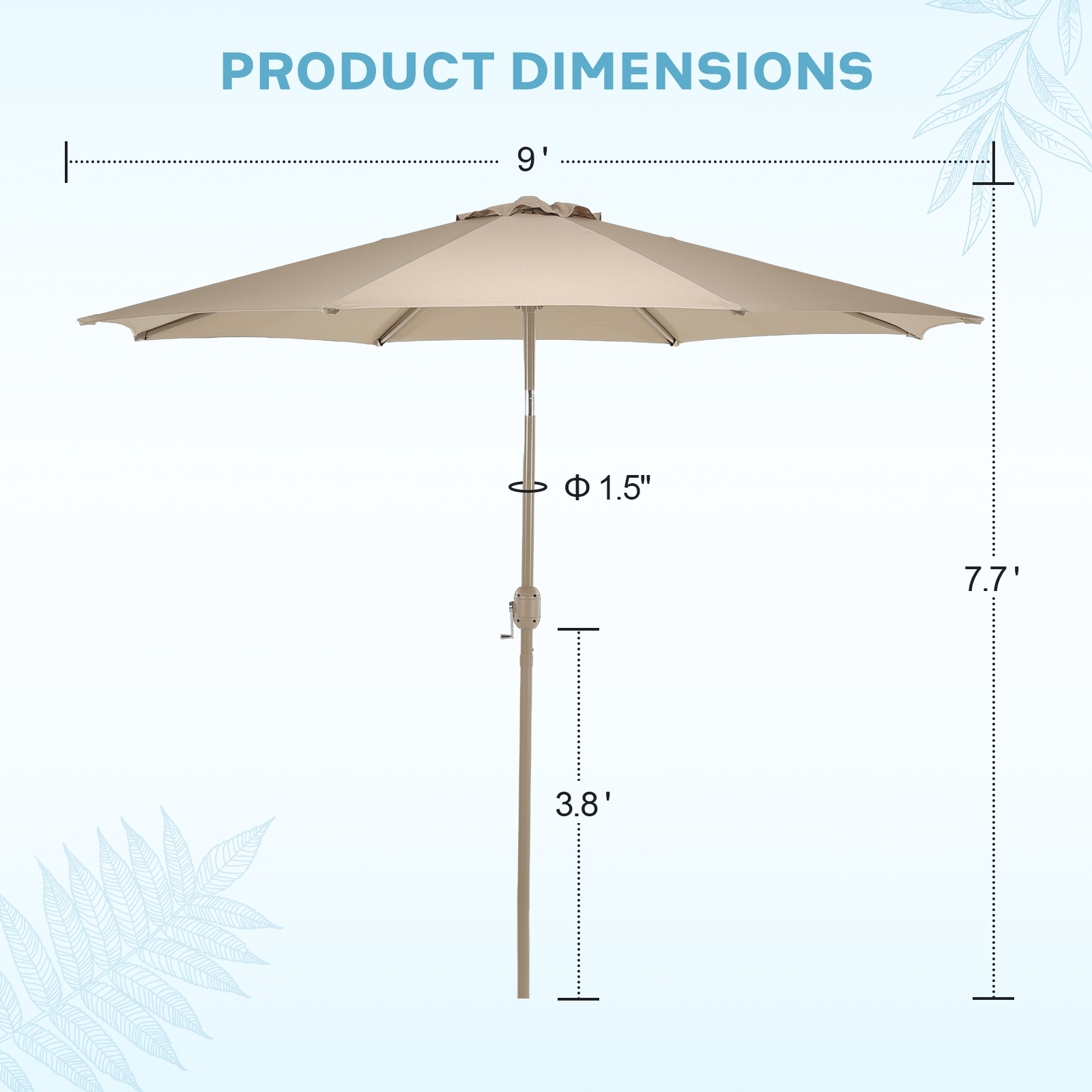 Aoodor 9FT Outdoor Patio Umbrella, Market Table Umbrella with 8 Steel Ribs and Push Button Tilt Crank, Khaki