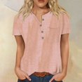 thumbnail image 2 of Dress Shirts for Women Button Down Henley Womens Tunic Tops with Pocket Short Sleeve Stripped Print Plus Size Blouse V Neck Summer Teen Clothes Y2K Khaki M, 2 of 5