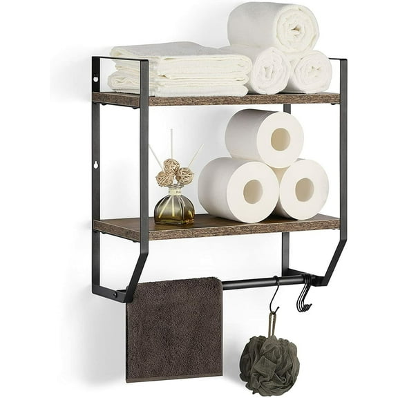 2-Tier Rustic Bathroom Shelf Organizer with 5 Hooks, MDF & Metal, Wall Mount, Brown