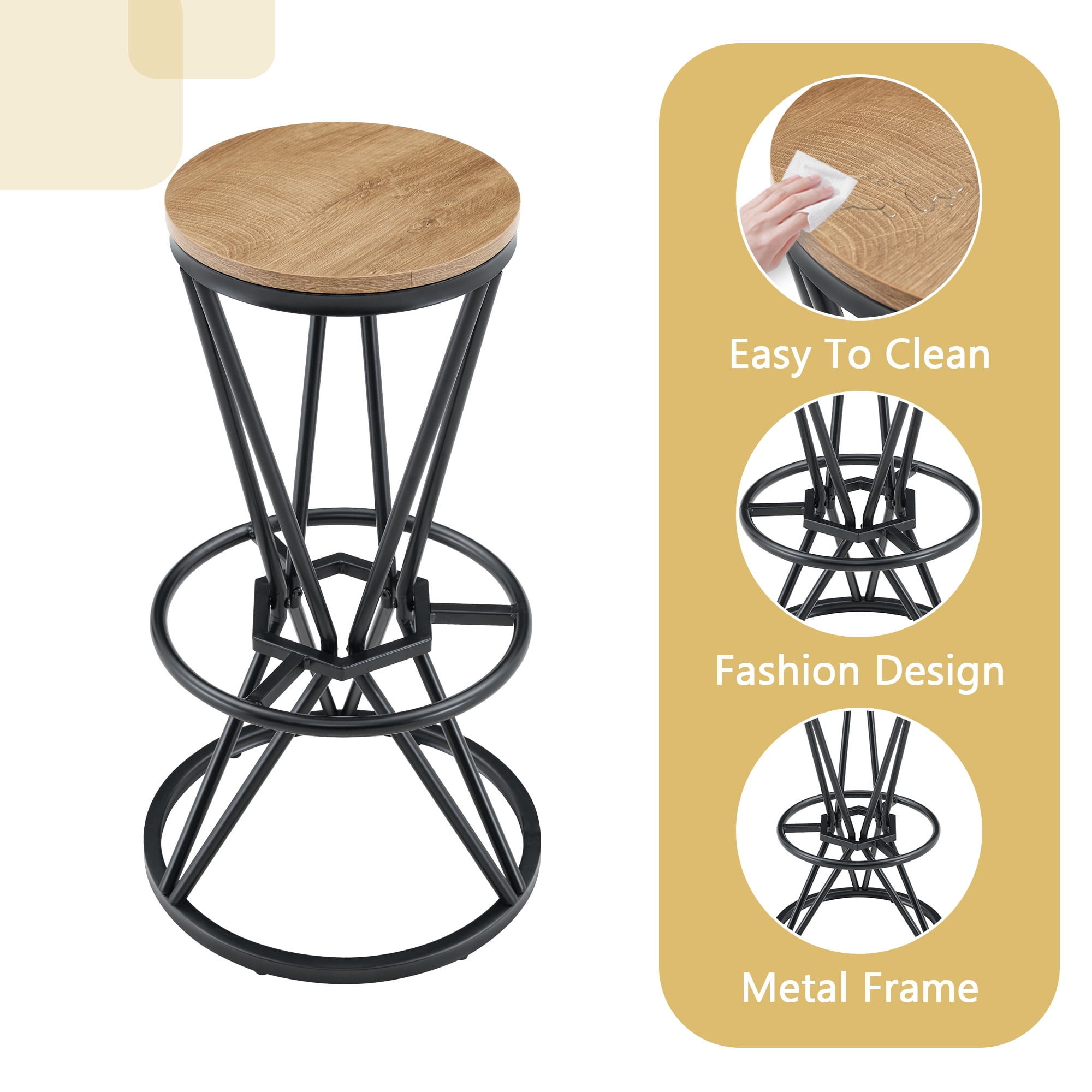 3-Piece Industrial Bar Table and Chair Set, 31.5-Inch Wood Grain MDF Bar Table with Black Metal Frame and 2 Stools, Modern Pub Dining Set for Kitchen Island Home Bar, Black Wood