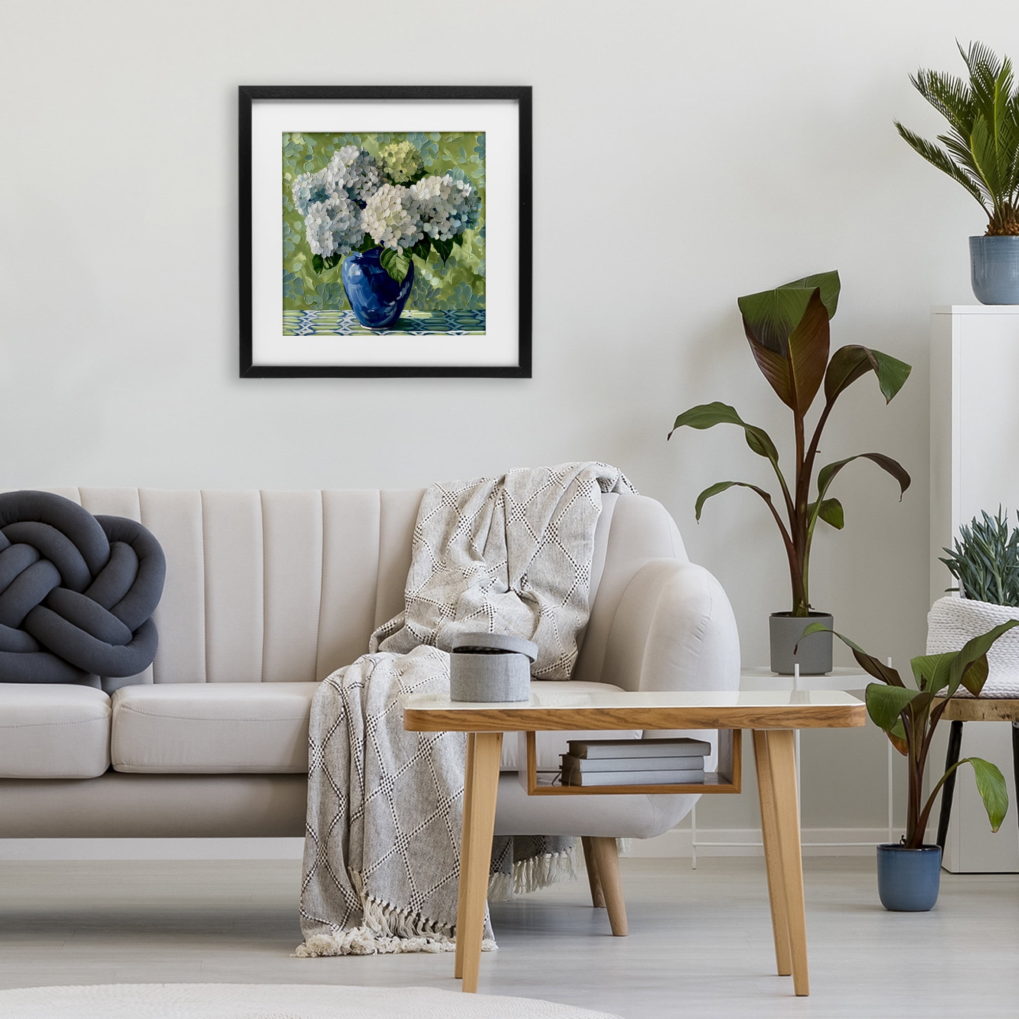 Stupell Industries White Hydrangeas in Blue Vase Black Framed Print Under Glass, design by Gina Kelly