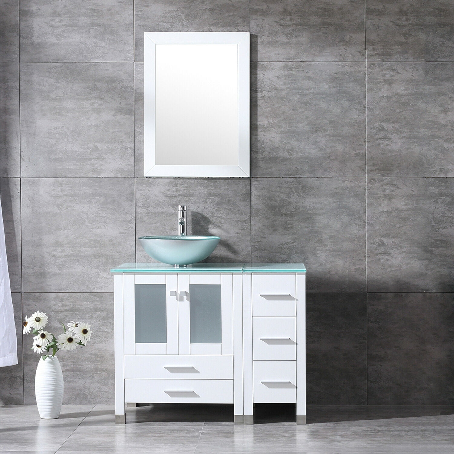 36" Modern Bathroom Vanity Single Cabinet Round Vessel Sink Glass