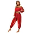 thumbnail image 5 of TiaoBug Womens Belly Dance Costume Long Sleeve Off Shoulder Crop Top+Sequined Dots Chiffon Pants Set Red One Size, 5 of 7