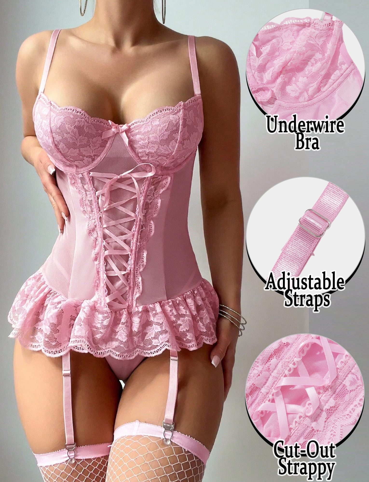 Ausing Garter Lingerie for Women Floral Lace Babydoll Bodysuit Bra and Panty Set with 1Pair Fishnet Stocking 3 Pieces