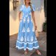 thumbnail image 5 of Vestido de Corta con Cuello en V, Estampado Floral, Bolsillos y Mangas Acampanadas en Azul M, 5 of 7
