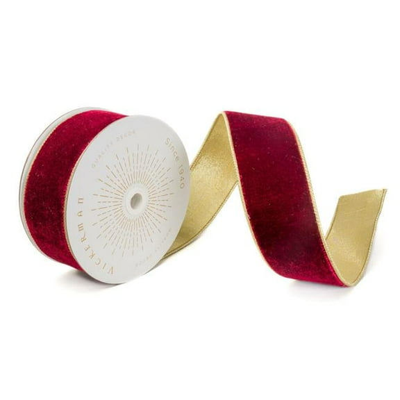 Vickerman QK241335 2.5 in. x 10 Yards Burgundy Velvet Gold Trim Wired Ribbon