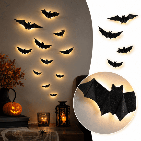 12Pcs Halloween Bats Wall Decor, Glow in Dark Bat Stickers for Window Garage Party, Spooky Bat Decor