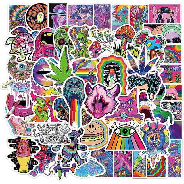 52pcs Trippy StickerPaquetes de pegatinas de 52 piezas - Pegatina Trippy Stoner - Calcomanías Thrasher aleatorias de patinador hippie genial, pegatinas para casco - Lote de pegatin