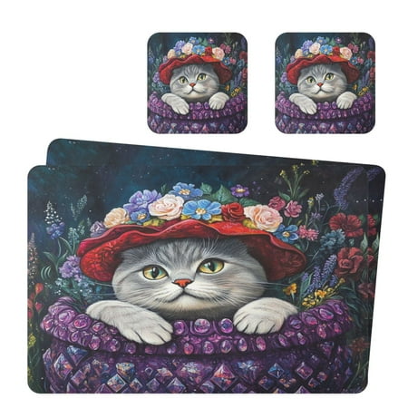 

Wobogo Cute Cat Wearing Wreath Placemats Coasters Set of 2 Heat-resistant Non-slip Easy to Clean Square Dinner Plate Mat