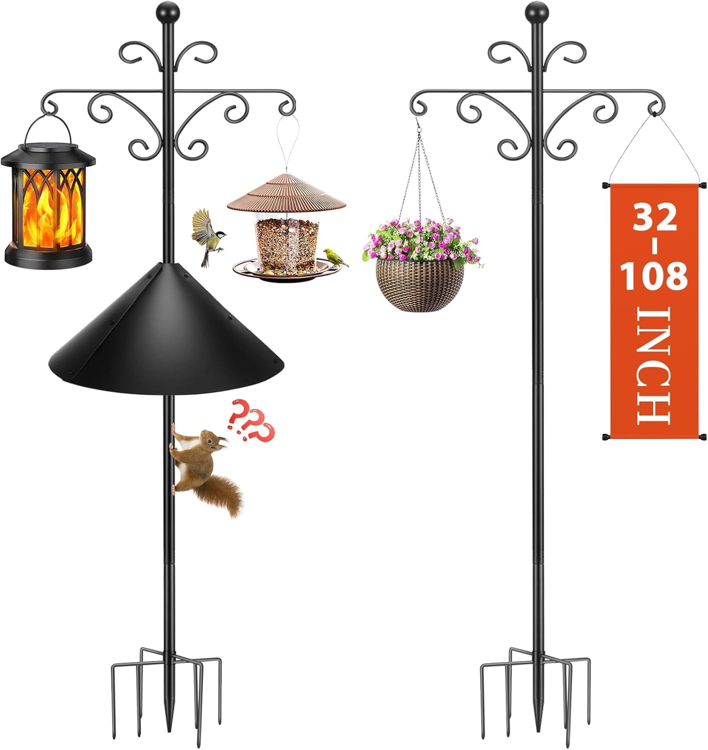 Bird Feeder Pole for Outdoors Heavy Duty Squirrel Proof, 2 Pack 63 Inch Adjustable Tall Shepherds Hooks for Outdoor with 7 Prongs Base, Double Shepherd Hooks (2 Pack White, 63 Inch)