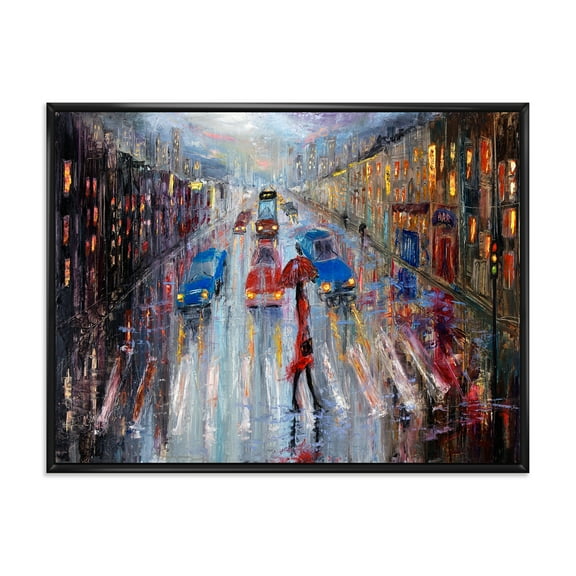 Girl In Red Crossing The Street 20 in x 12 in Framed Painting Canvas Art Print, by Designart