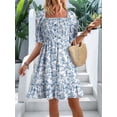 thumbnail image 2 of Womens Casual Summer Dresses Short Sleeve Square Neck Smocked Boho Floral Sundress Flowy A-Line Mini Dress  Blue S, 2 of 4