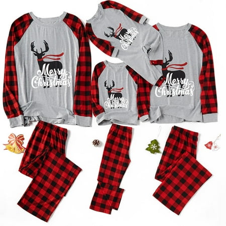 

Biekopu Matching Family Outfits Christmas Pajamas Long Sleeve T-Shirt+ Plaid Pants Loungewear Funny Deer Baby Romper