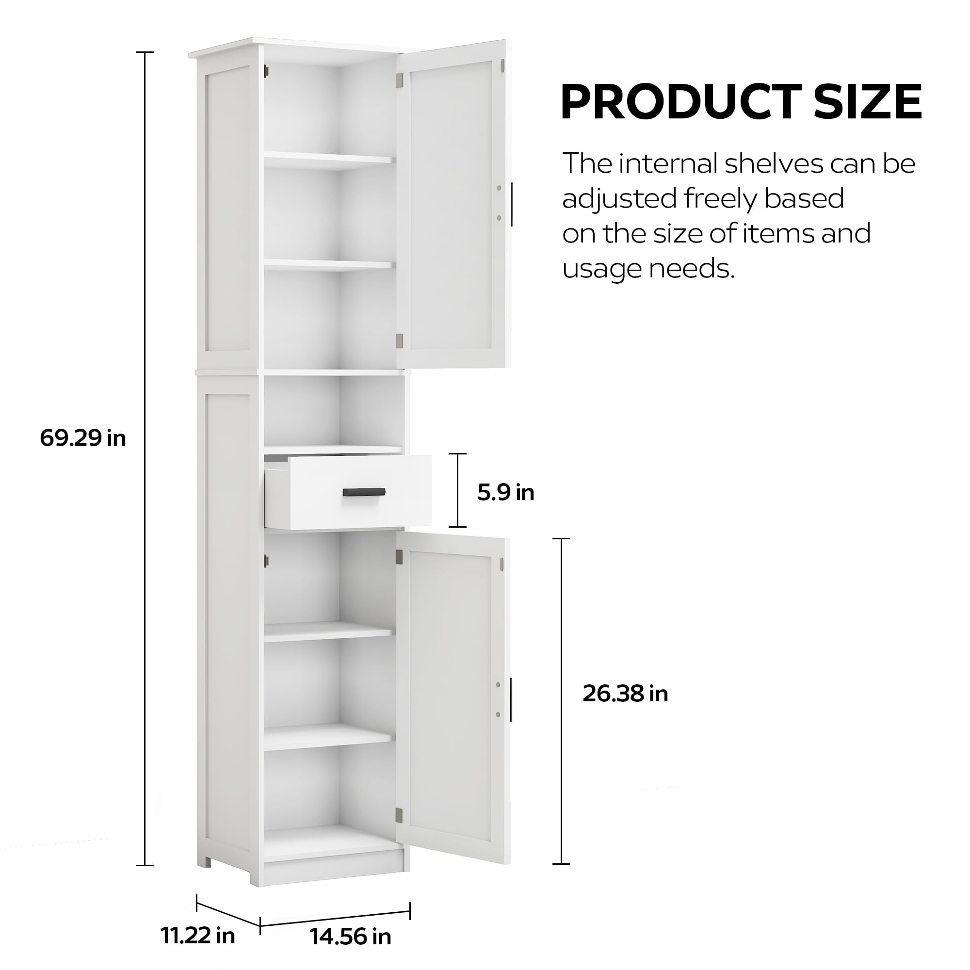 69" H Tall Bathroom Storage Cabinet with 2 Barn Doors and 1 Drawer, Narrow Storage Unit, Adjustable Shelves,Floor Cabinet for Bathroom, Living Room