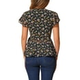 thumbnail image 3 of INSPIRE CHIC Women's Wrap Tops Floral Print V Neck Short Sleeve Tie Waist Peplum Blouses XS Black, 3 of 6