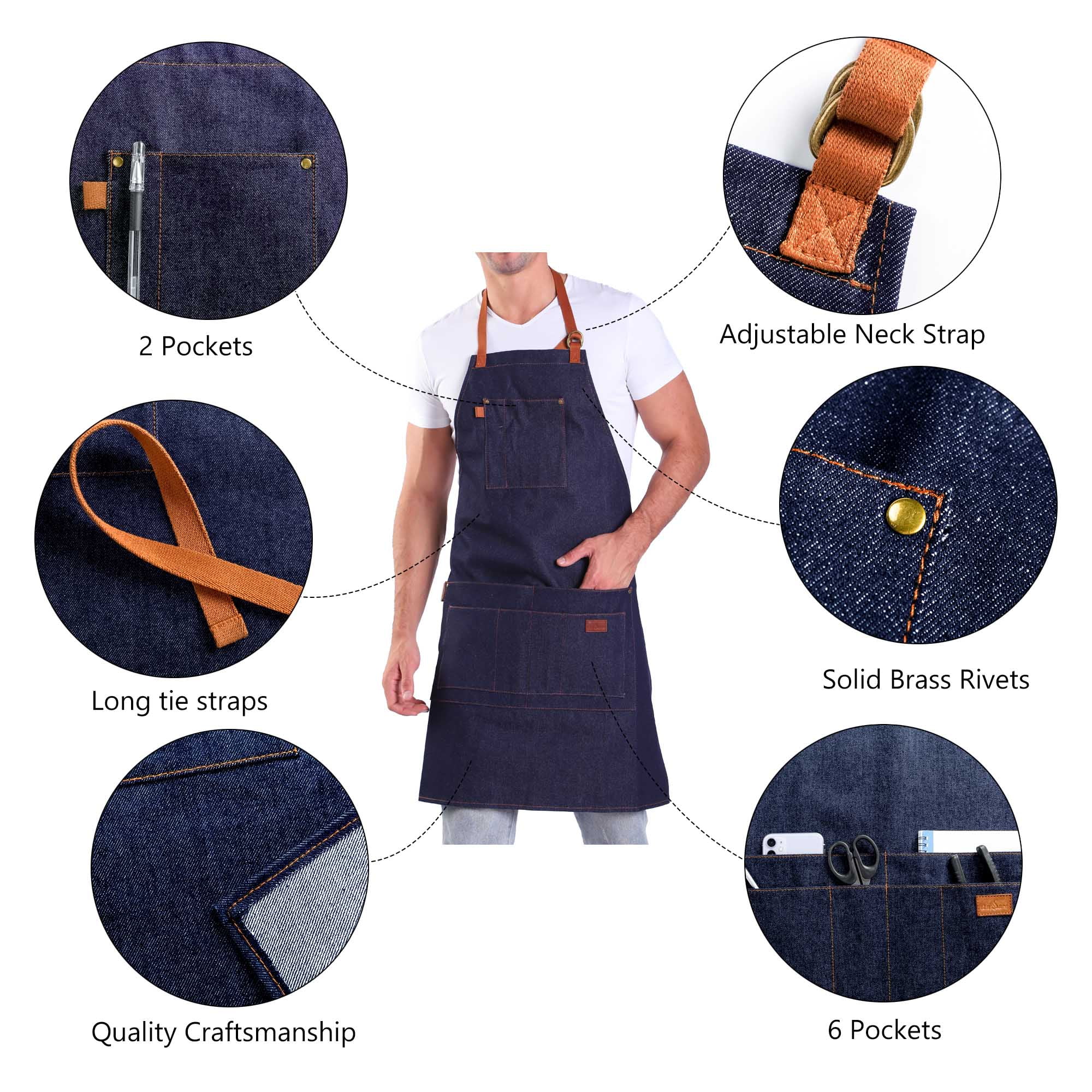 Denim Apron with Pockets for Men Women Large Bib Apron for Cooking Grilling Baking Working Gift