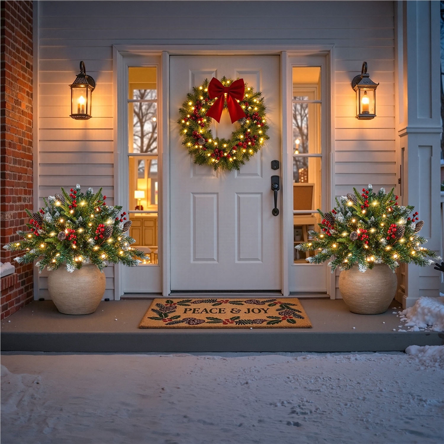 Alden Design Set of 2 Pre-Lit Outdoor Frosted Christmas Trees with LED Lights, Red Berries, Pinecones, Artificial Christmas Trees for Porch, Yard, Green