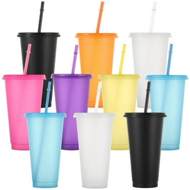 10Pcs Plastic Cups, Plastic Cups with Lids and Straws, Colorful and Reusable PP Plastic Cups, Cold Iced Coffee Drinking Cups, Durable Travel Party Cups for Adult Child