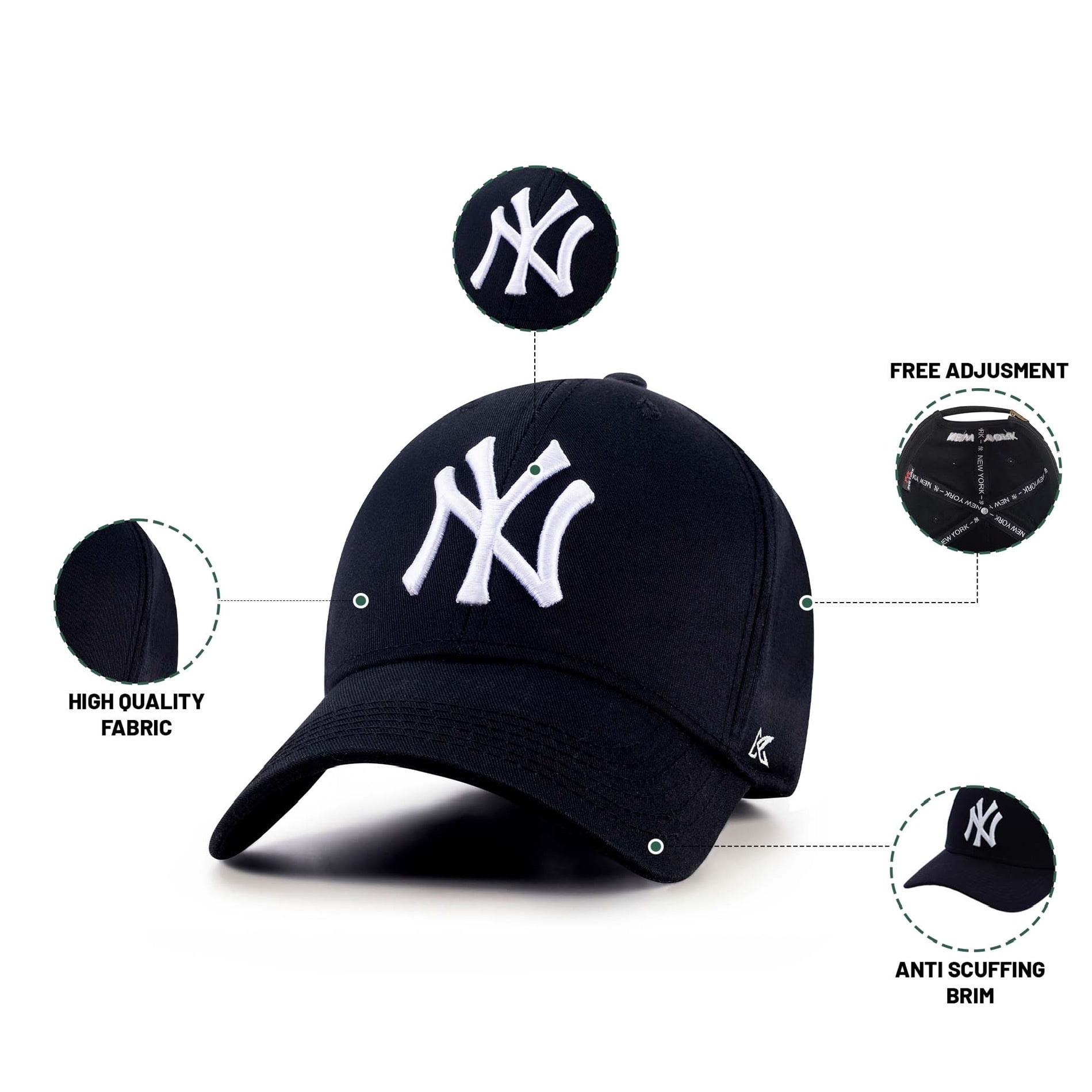 New York City Baseball Cap Hat for Men and Women, Adjustable Pure Cotton, Buckle Up, One Size Fitted All, Black & White Embroidery NY City Hat Cap