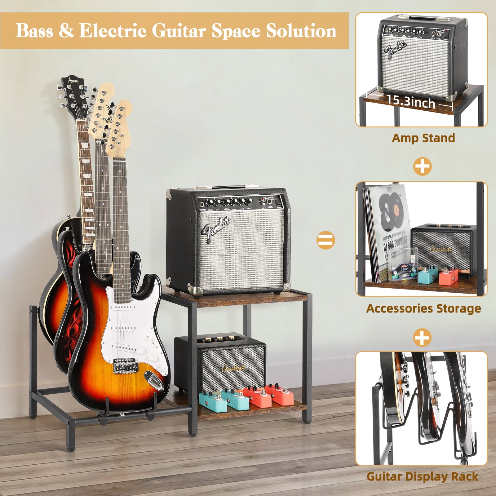 Olakee 3-Piece Floor Guitar Stand with Amp Support, Adjustable for Multiple Electric Guitars and Accessories, Wood & Metal, Black & Brown