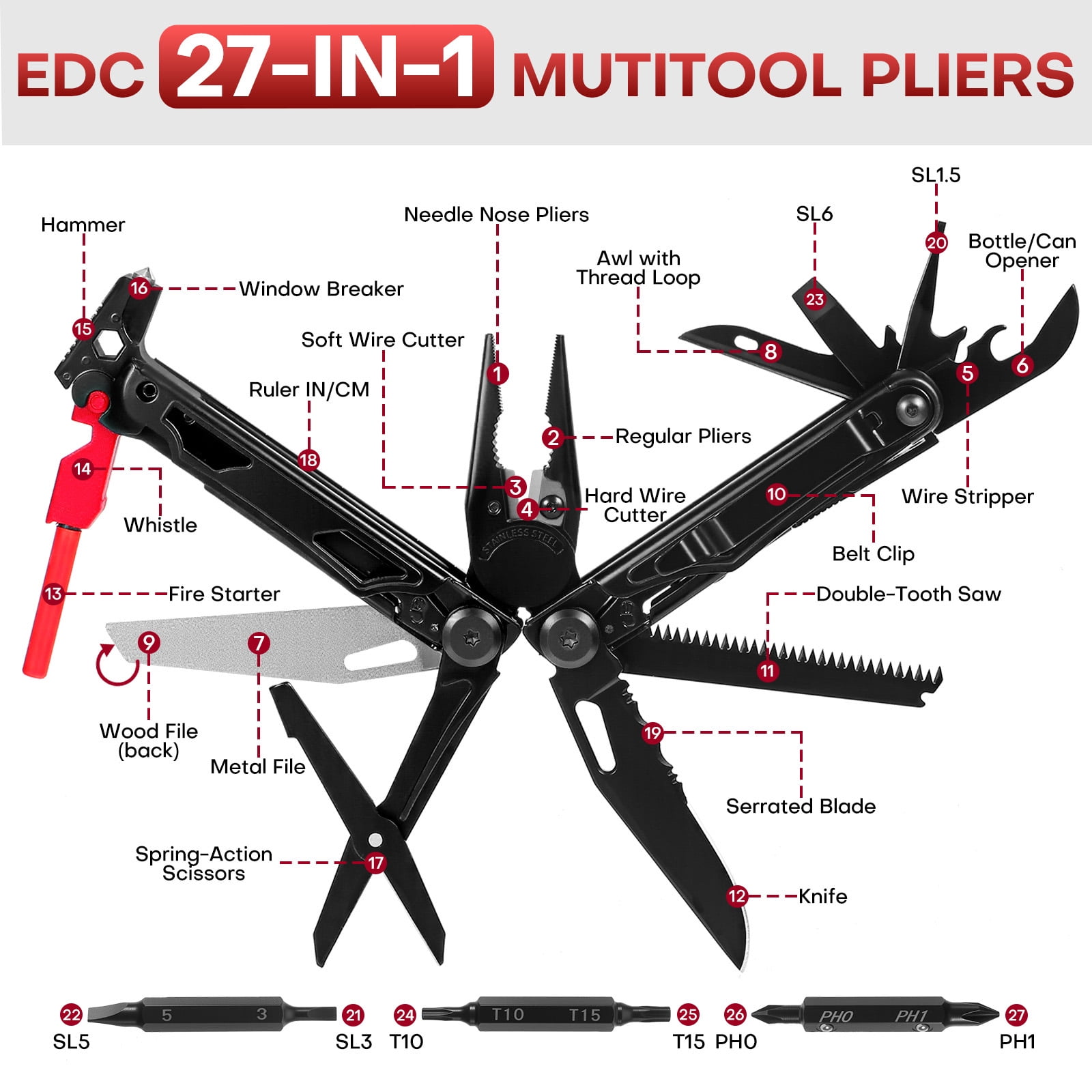 TAWOM Multitool Pocket Knife, 27-in-1 Stainless Steel Needle Nose Pliers with Screwdrivers, Self-Locking Multi tool EDC Gear with Sheath, Ideal for Survival, Outdoor, Camping