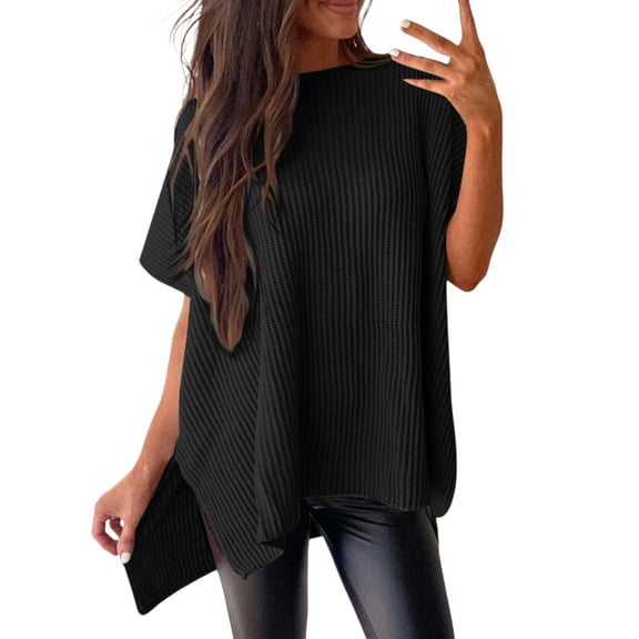 ManxiVoo Short Sleeve Crewneck Sweater for Women Lightweight Casual Knit Top Perfect for Spring and Fall Transitional Weather L Size Black