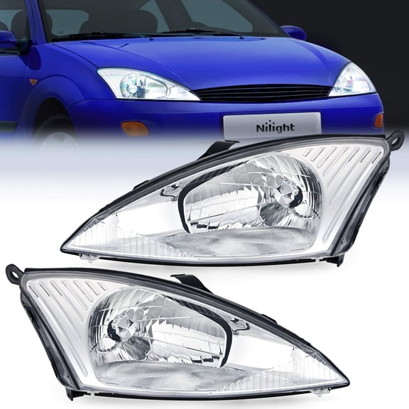 Nilight Headlight Assembly Compatible with 2000 2001 2002 2003 2004 Ford Focus Headlamps Replacement Chrome Housing Clear Reflector Upgraded Clear Lens Driver and Passenger Side, 2 Years Warranty