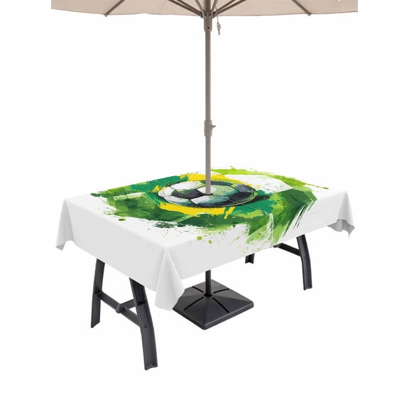 Outdoor Tablecloth with Umbrella Hole for Patio/Picnic/Party/Camping, Green Yellow Soccer Waterproof Table Cloth Rectangle Table Cover Washable, Watercolor Football Sports (60"x 102")