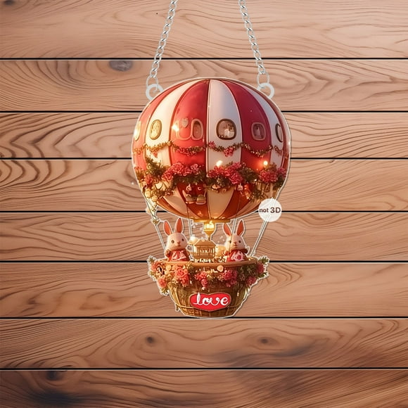Colgante de globo aerostático para San Valentín | Adorno colgante de acrílico de 18 cm | Diseño romántico de conejo rojo y blanco | Adorno duradero y caprichoso para decorar el hogar en San Valentí