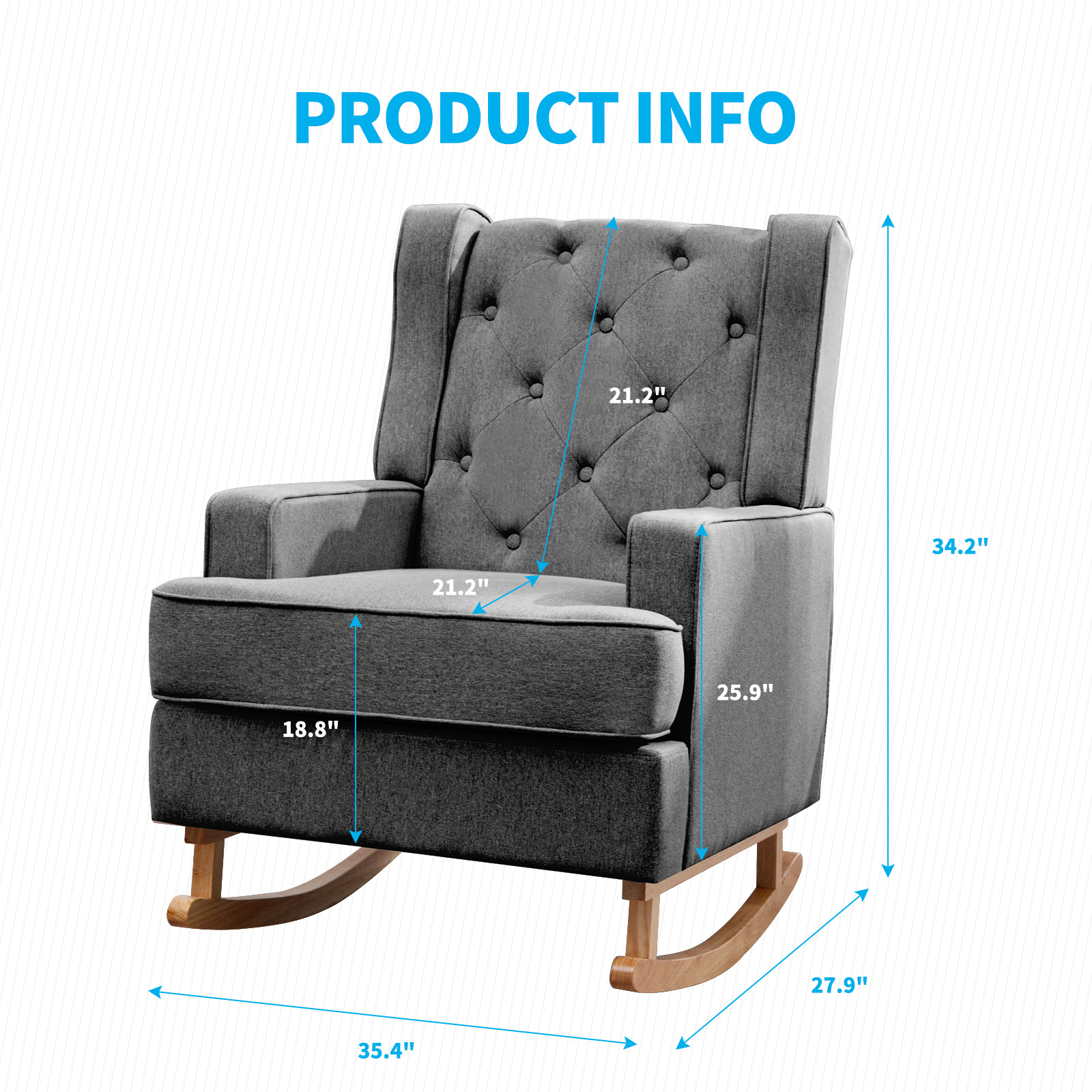 BALUS Modern Rubberwood Linen Rocking Accent Chair with Side Pocket, Dark Grey