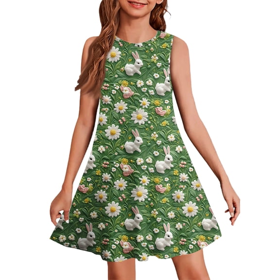 yuCgh Sleeveless Easter Dress for Girls, Summer Casual Tank Dress with Colorful Print, Lightweight & Breathable Kids Easter Dress,Army Green 110