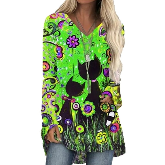 Gvmfive Women's Long Sleeve Tops V Neck Printed Tunic Blouse Casual Shirt