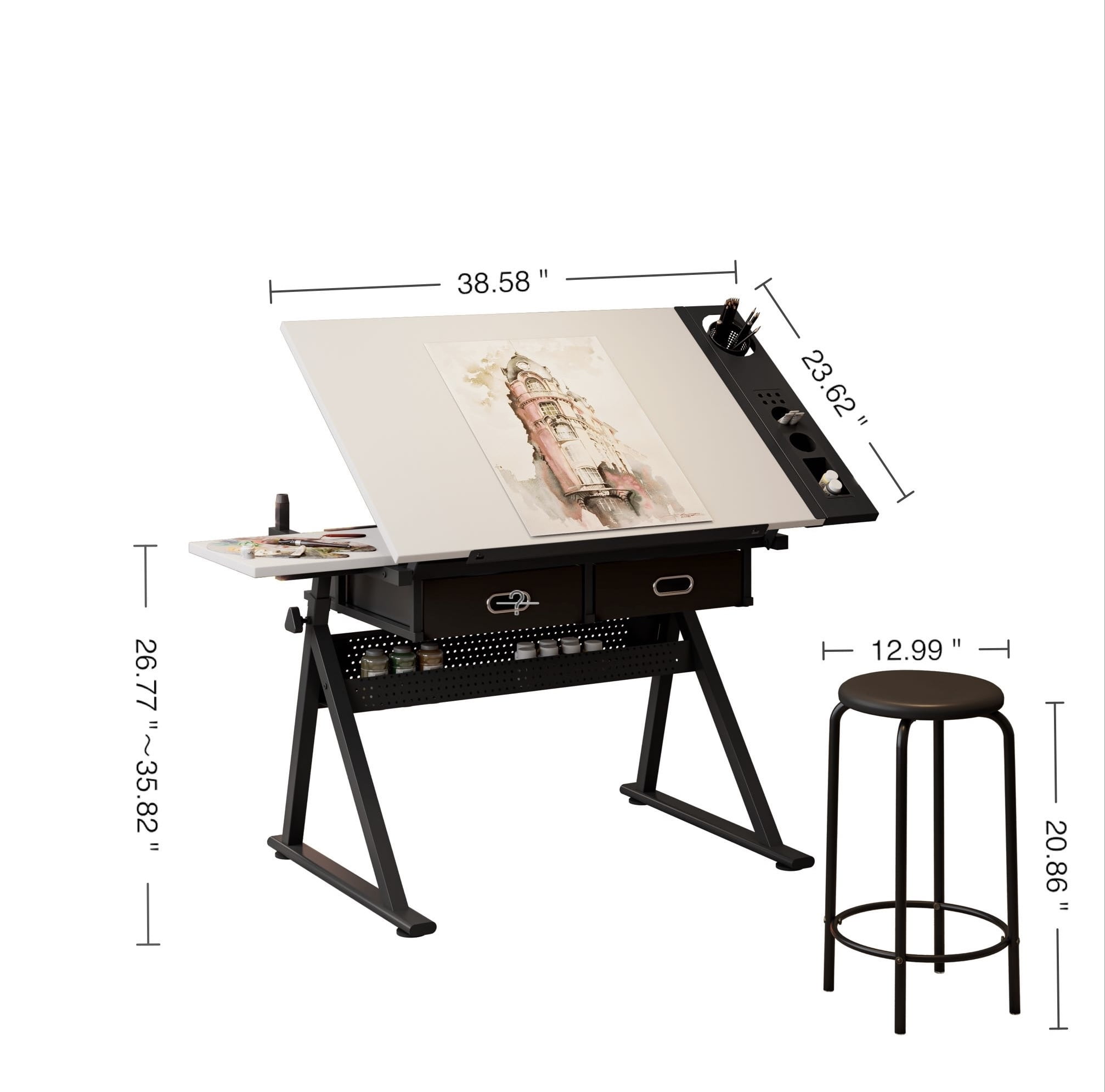 Adjustable Drawing Drafting Table Desk with Stool, Height & Angle Adjustable Art Table with 2 Drawers, Tiltable Desktop for Artist, Home Office, White