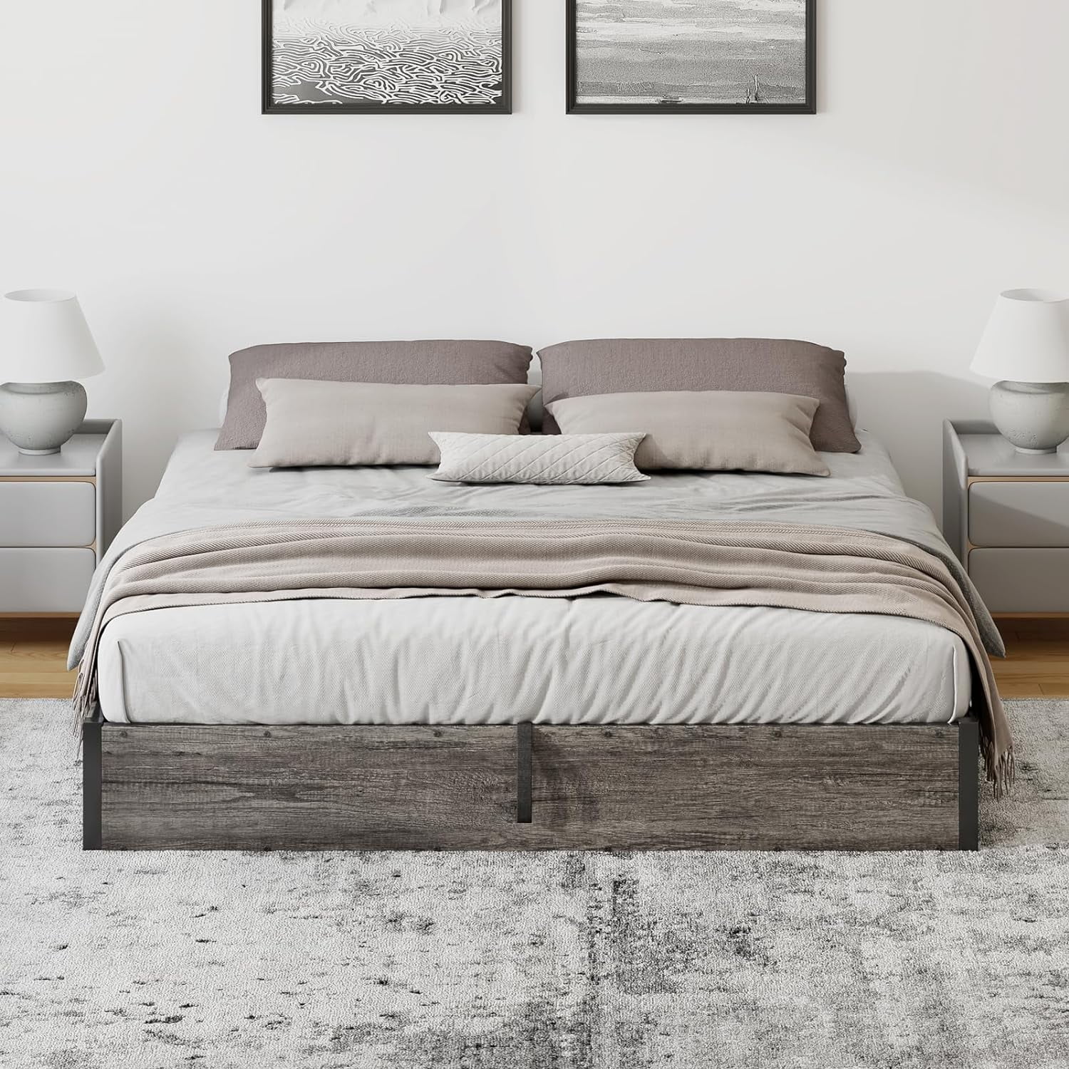 VanAcc Full Size Lift Up Storage Platform Bed Frame, Metal Bed Frame with Wooden Slats Support, Large Storage Space, Easy Assembly, Rustic Grey