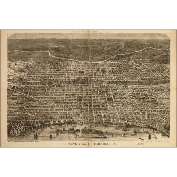 24"x36" Gallery Poster, birdseye view map of Philadelphia 1872