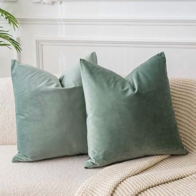 Chenchen Sage Velvet Throw Pillow Covers 16x16 inch Set of 2 for Living Room Couch Sofa Bedroom Decorative Square Solid Soft Cushion Cases with Invisible Zipper