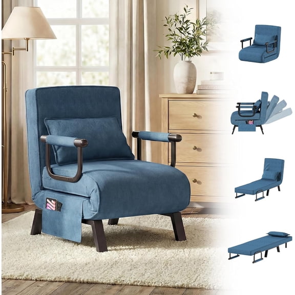 Sleeper Chair Bed, Folding Futon Bed (Blue) | Small, Comfy, Convertible, 5 in 1, Adjustable Backrest, Side Pockets, Pillow, Cozy, Small Spaces, Dorm