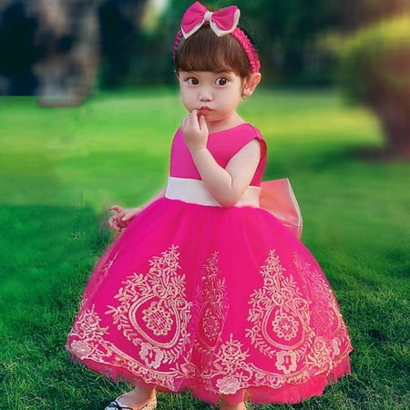 

Rewenti Baby Girl Pageant Lace Dress Toddler Party Bowknot Tutu Gown Dress with Headwear Hot Pink 80(80)