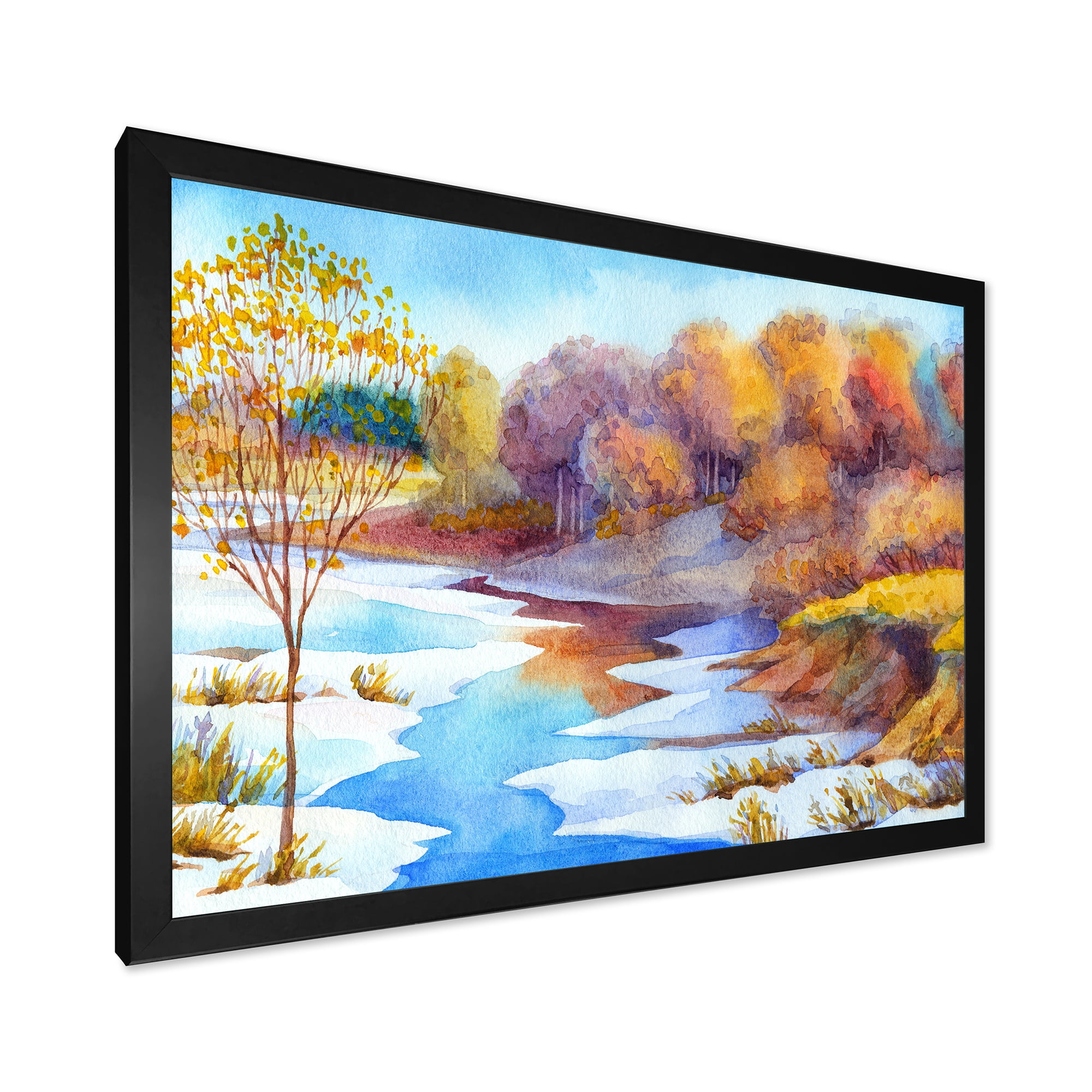 Designart 'Stream Though The Winter Forest Valley' Lake House Framed Art Print