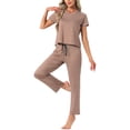 thumbnail image 4 of INSPIRE CHIC Womens Pajamas Set Short Sleeve V Neck Pullover Top with Pants Soft Knit Sleepwear Lounge Set L Brown, 4 of 6