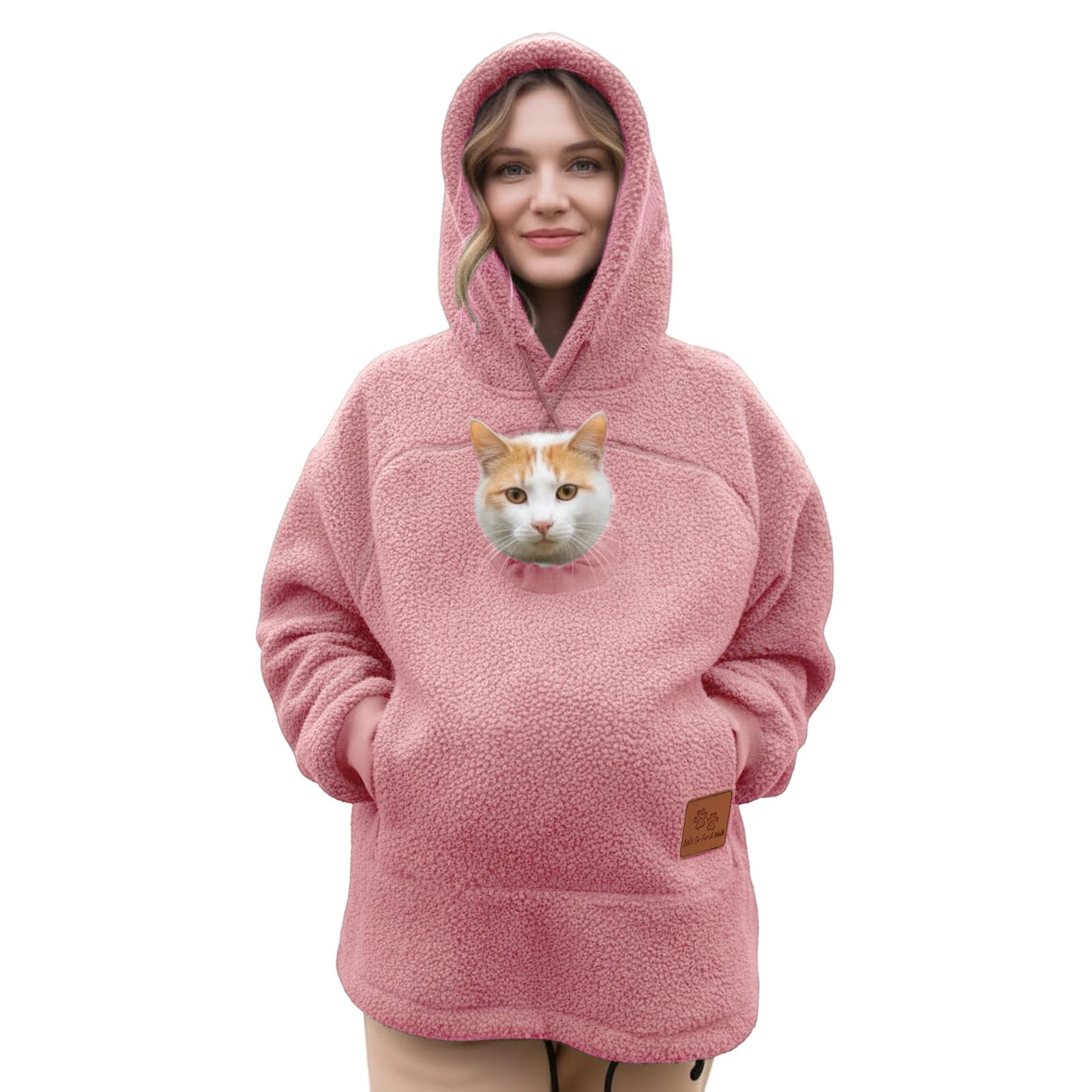 Stralyhd Cat Pouch Hoodie for Women Oversized Sweatshirt with Dog Pouch Sharpa Warm Kangaroo Pouch Hoodie Hooded Animal Holder Pullover Pink M