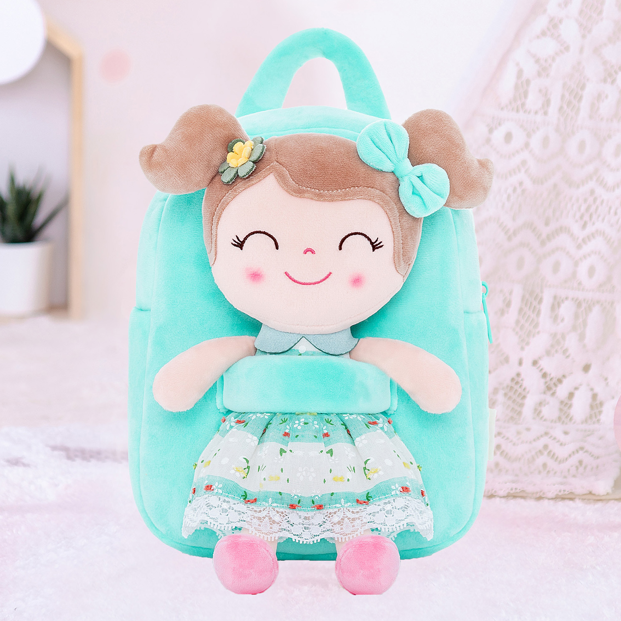 Sac à Dos Peluche Pour Enfant - Avec Poupée Cheveux Bouclés - Jaune, Léger, Lavable - Idéal école Et Sorties