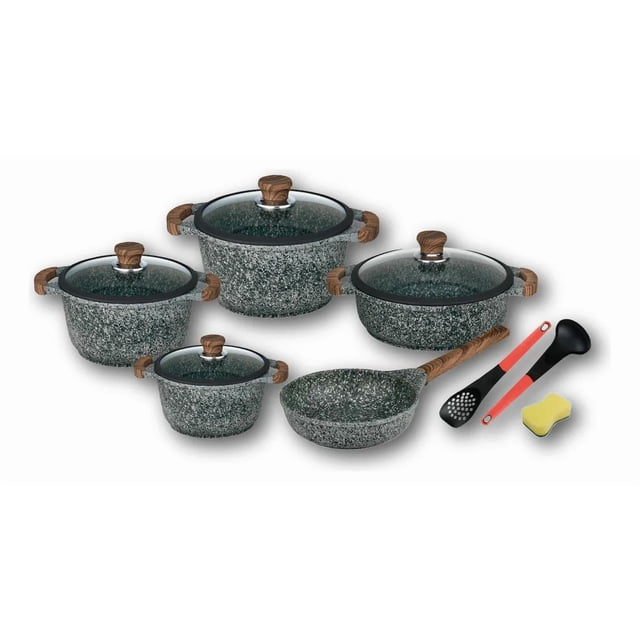 Juego 9 Cacerolas y Sarten Aluminio Fundido Marmol Granito K&I Germany
