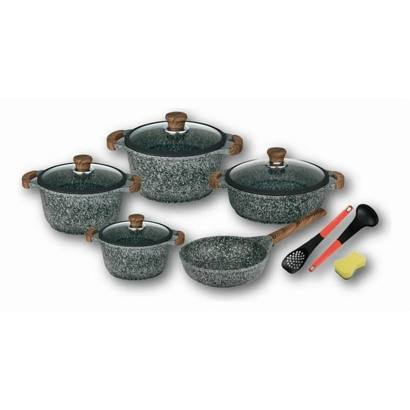 Juego 9 Cacerolas y Sarten Aluminio Fundido Marmol Granito K&I Germany