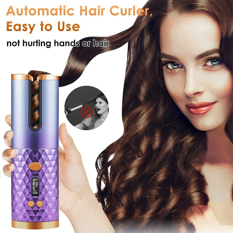 Jahy2Tech Automatic Curling Iron Wireless Hair Curler Wavy Look with 6 Temp Timer LCD Display USB Rechargeable Fast Heating Ceramic Rotating Hair