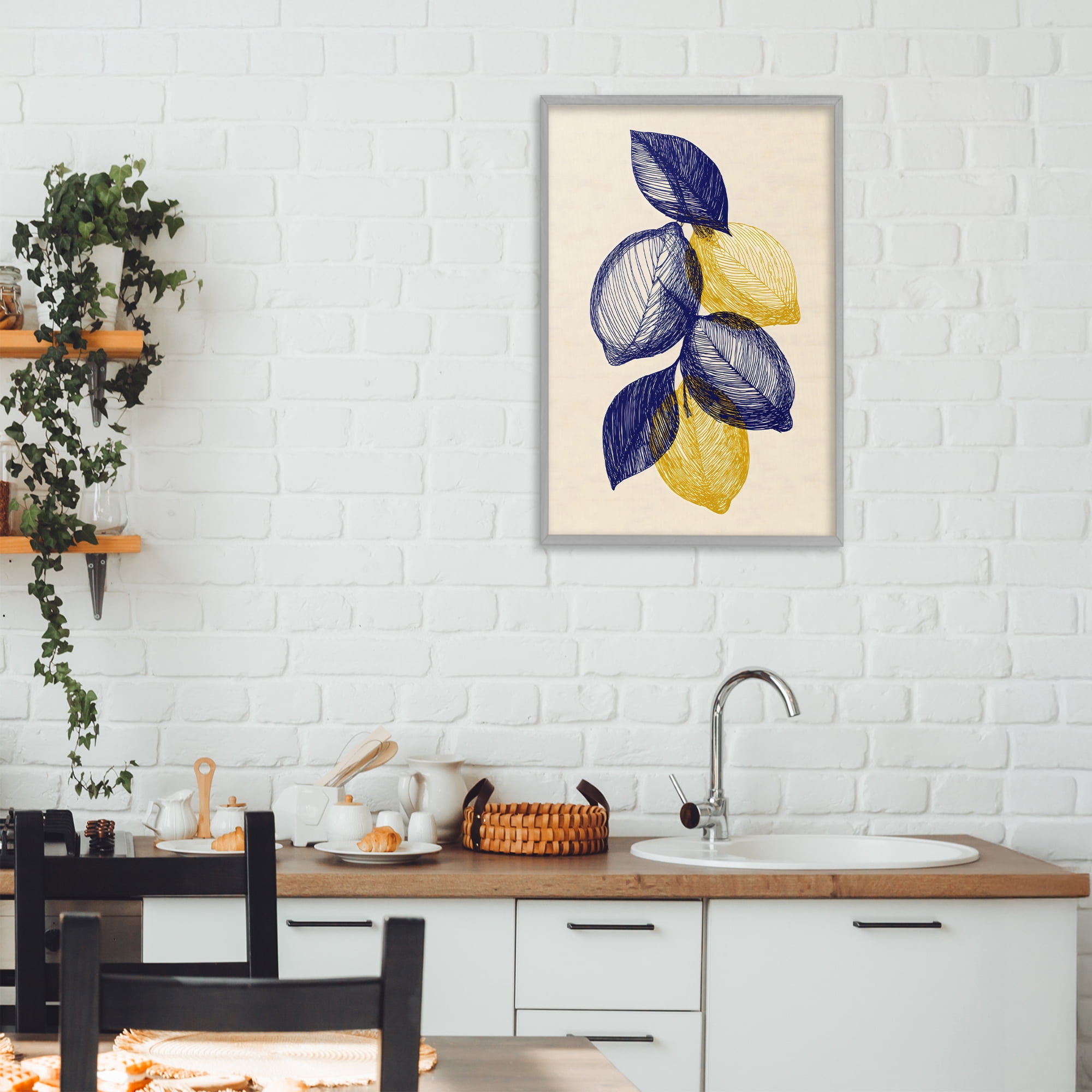 Stupell Industries Navy Lemons Botanical Sketch Gray Framed Giclee Art, design by Petal Prints Design